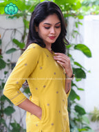 SUBTLE MUSTARD YELLOW - Mona-  COMFY AND OFFICE WEAR pure handloom cotton pre-washed Full length straight cut coord sets for women- Label Zivara
