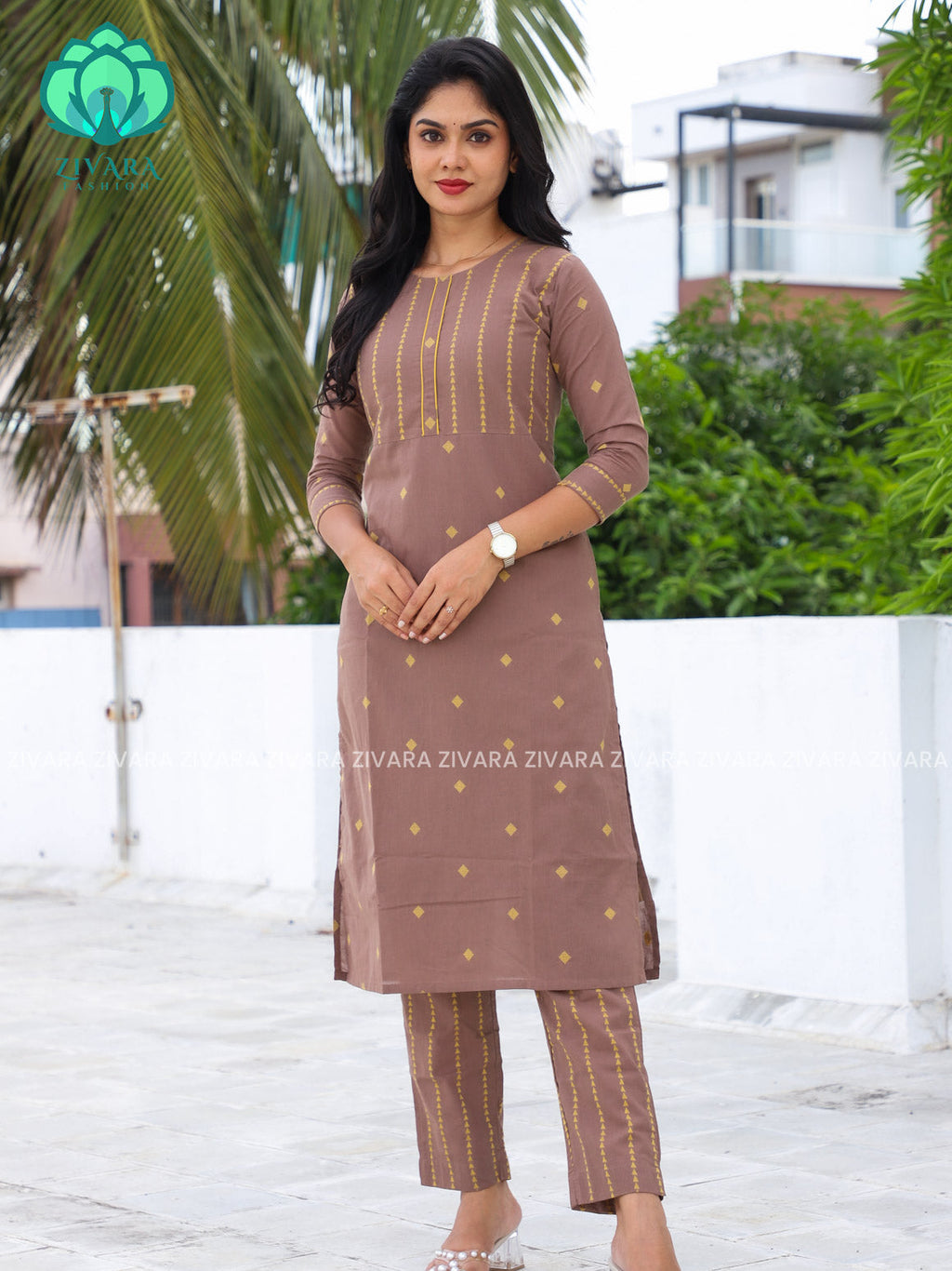BROWN - Mona- COMFY AND OFFICE WEAR pure handloom cotton pre-washed Full length straight cut coord sets for women- Label Zivara