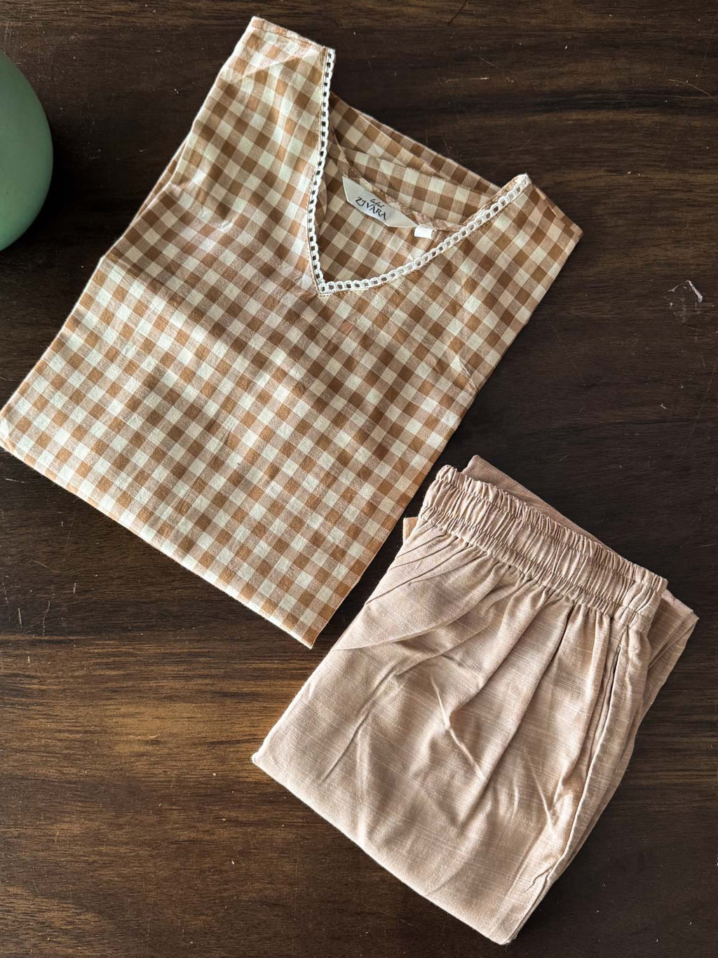 CHENNAI KATTAM - BEIGE BROWN - TAMIRA - COMFY AND OFFICE WEAR pure handloom cotton Full length A-LINE coord sets for women- Label Zivara