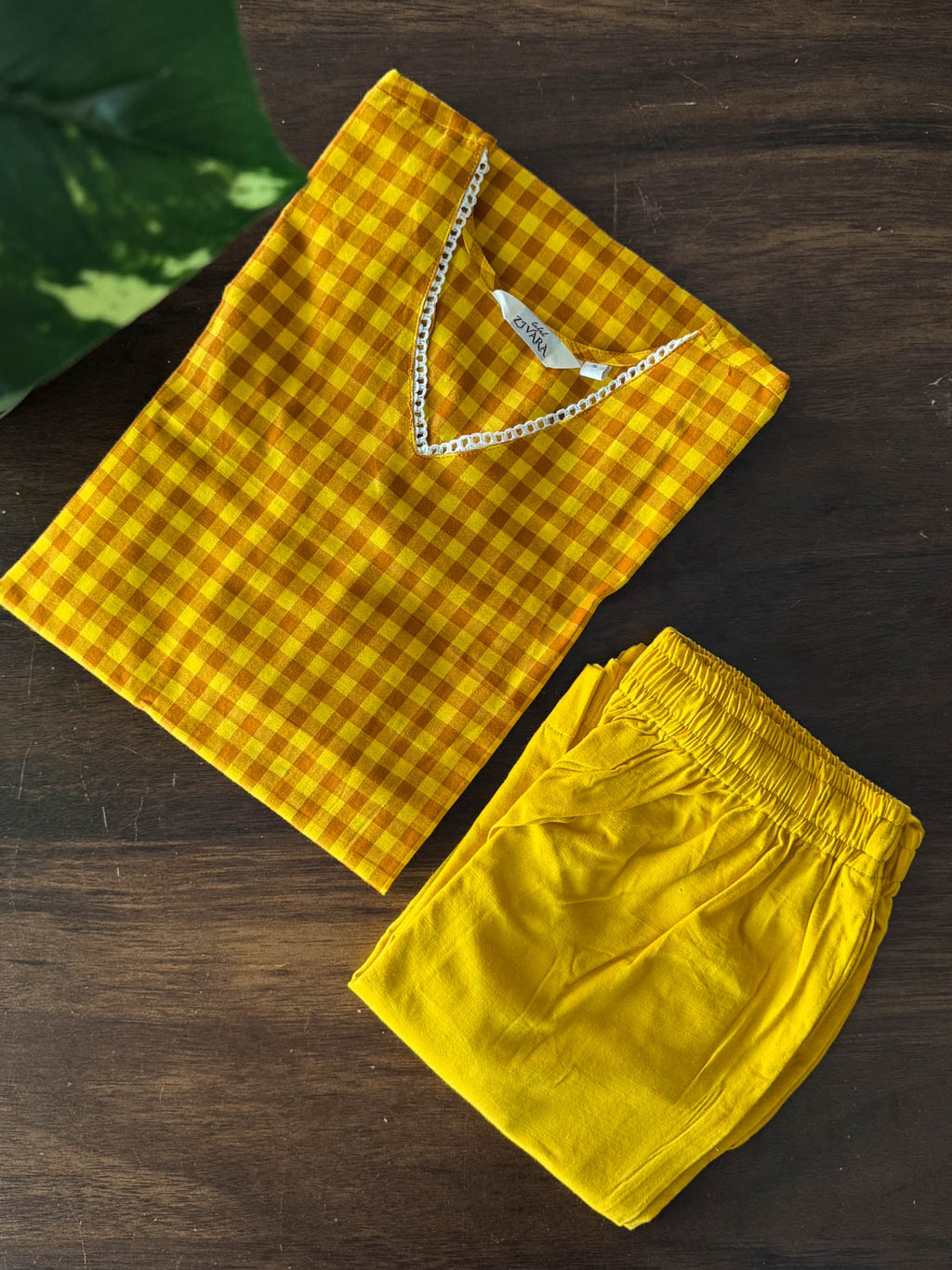 CHENNAI KATTAM - YELLOW - TAMIRA - COMFY AND OFFICE WEAR pure handloom cotton Full length A-LINE coord sets for women- Label Zivara
