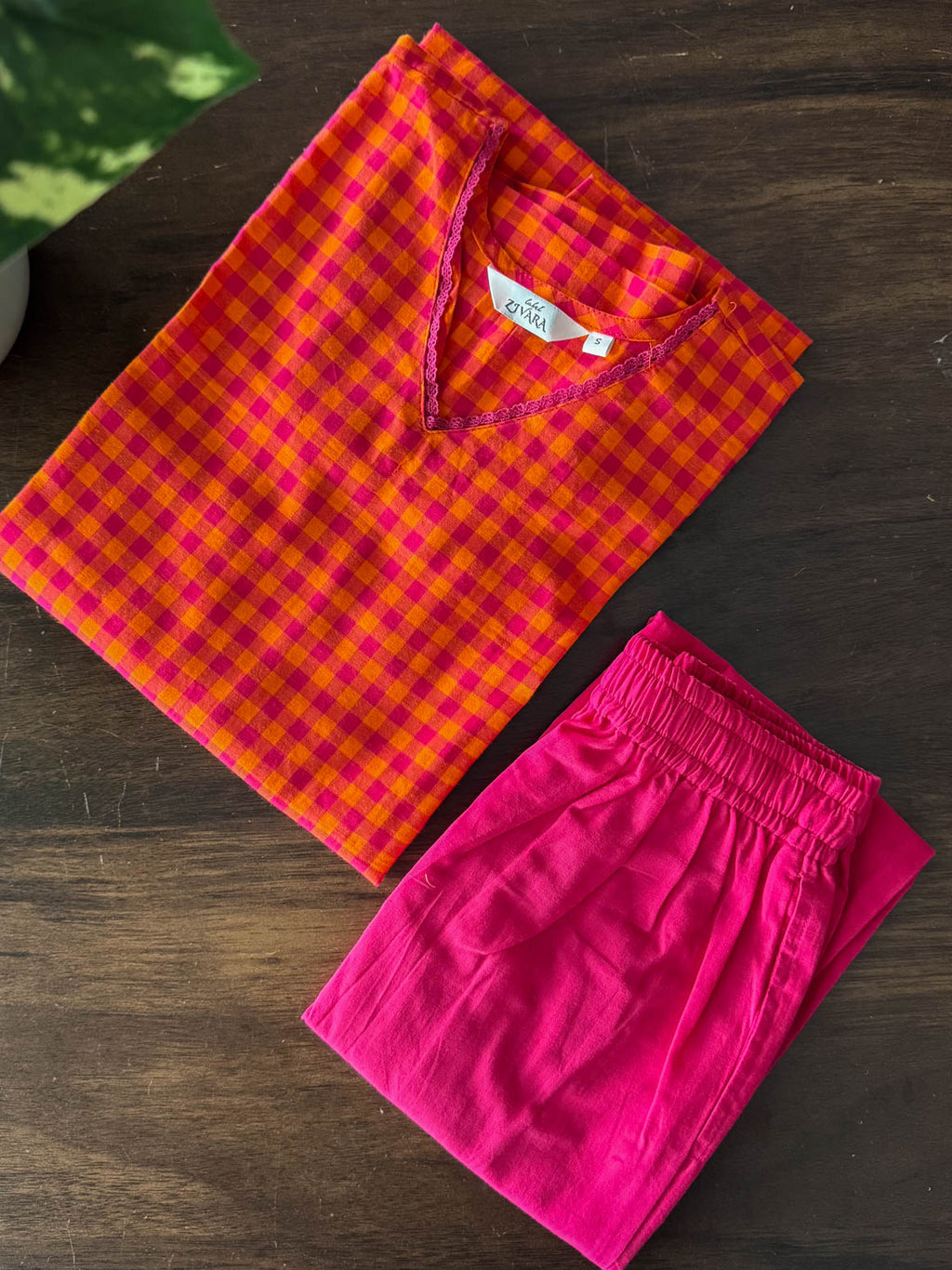 CHENNAI KATTAM - ORANGE PINK - TAMIRA - COMFY AND OFFICE WEAR pure handloom cotton Full length A-LINE coord sets for women- Label Zivara