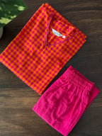 CHENNAI KATTAM - ORANGE PINK - TAMIRA - COMFY AND OFFICE WEAR pure handloom cotton Full length A-LINE coord sets for women- Label Zivara