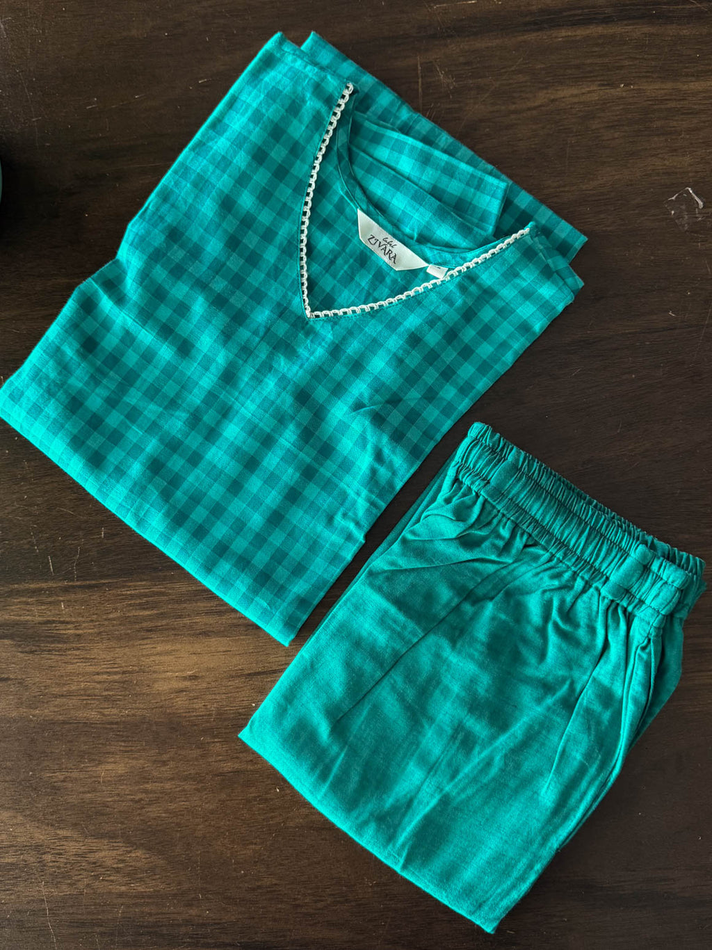 CHENNAI KATTAM - TEAL BLUE - TAMIRA - COMFY AND OFFICE WEAR pure handloom cotton Full length A-LINE coord sets for women- Label Zivara