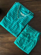 CHENNAI KATTAM - TEAL BLUE - TAMIRA - COMFY AND OFFICE WEAR pure handloom cotton Full length A-LINE coord sets for women- Label Zivara