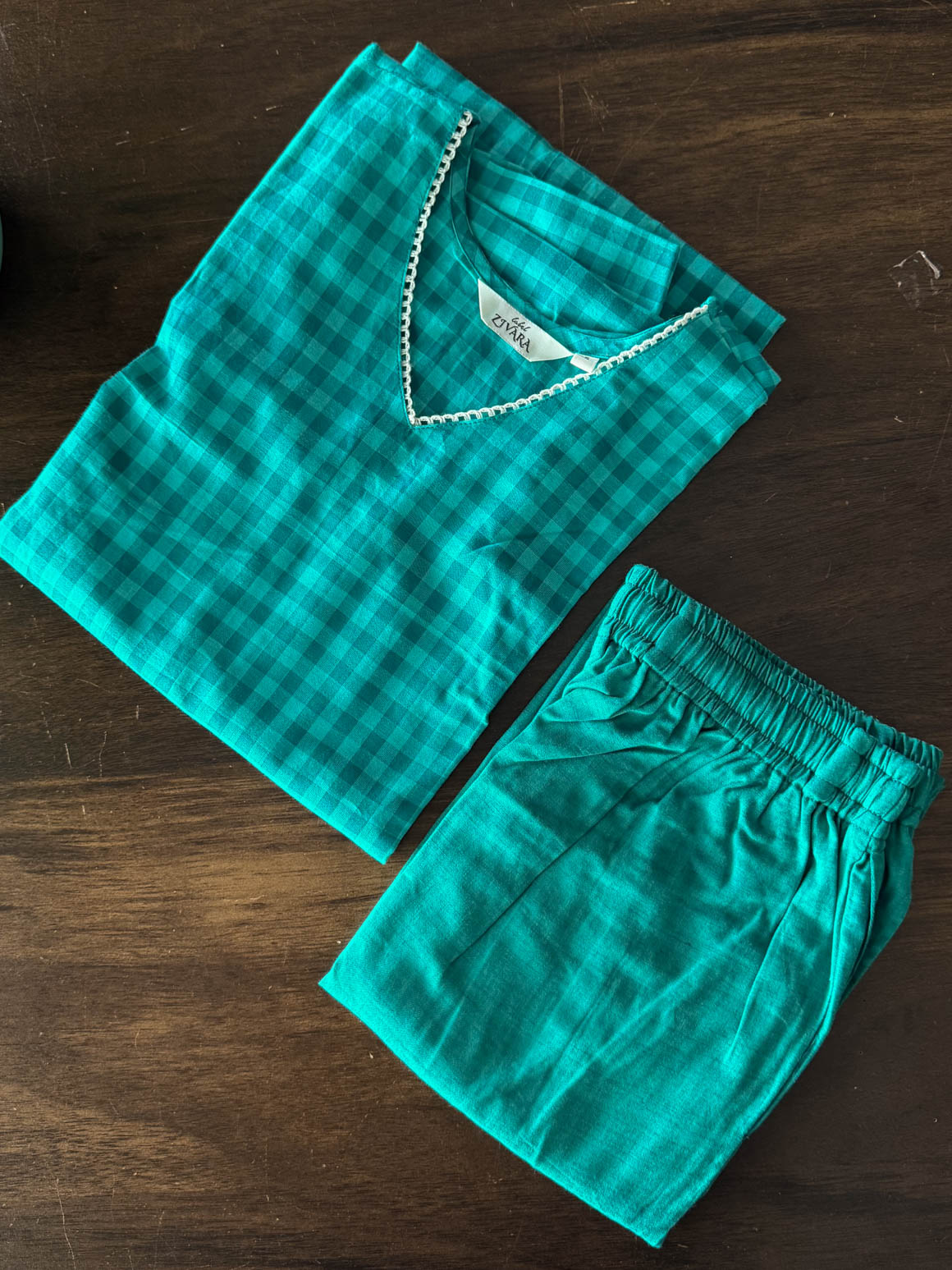 CHENNAI KATTAM - TEAL BLUE - TAMIRA - COMFY AND OFFICE WEAR pure handloom cotton Full length A-LINE coord sets for women- Label Zivara