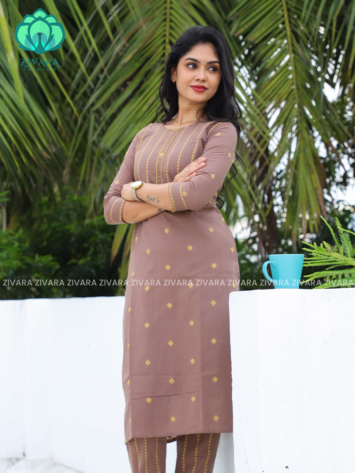 BROWN - Mona- COMFY AND OFFICE WEAR pure handloom cotton pre-washed Full length straight cut coord sets for women- Label Zivara