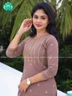 BROWN - Mona- COMFY AND OFFICE WEAR pure handloom cotton pre-washed Full length straight cut coord sets for women- Label Zivara