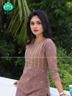 BROWN - Mona- COMFY AND OFFICE WEAR pure handloom cotton pre-washed Full length straight cut coord sets for women- Label Zivara