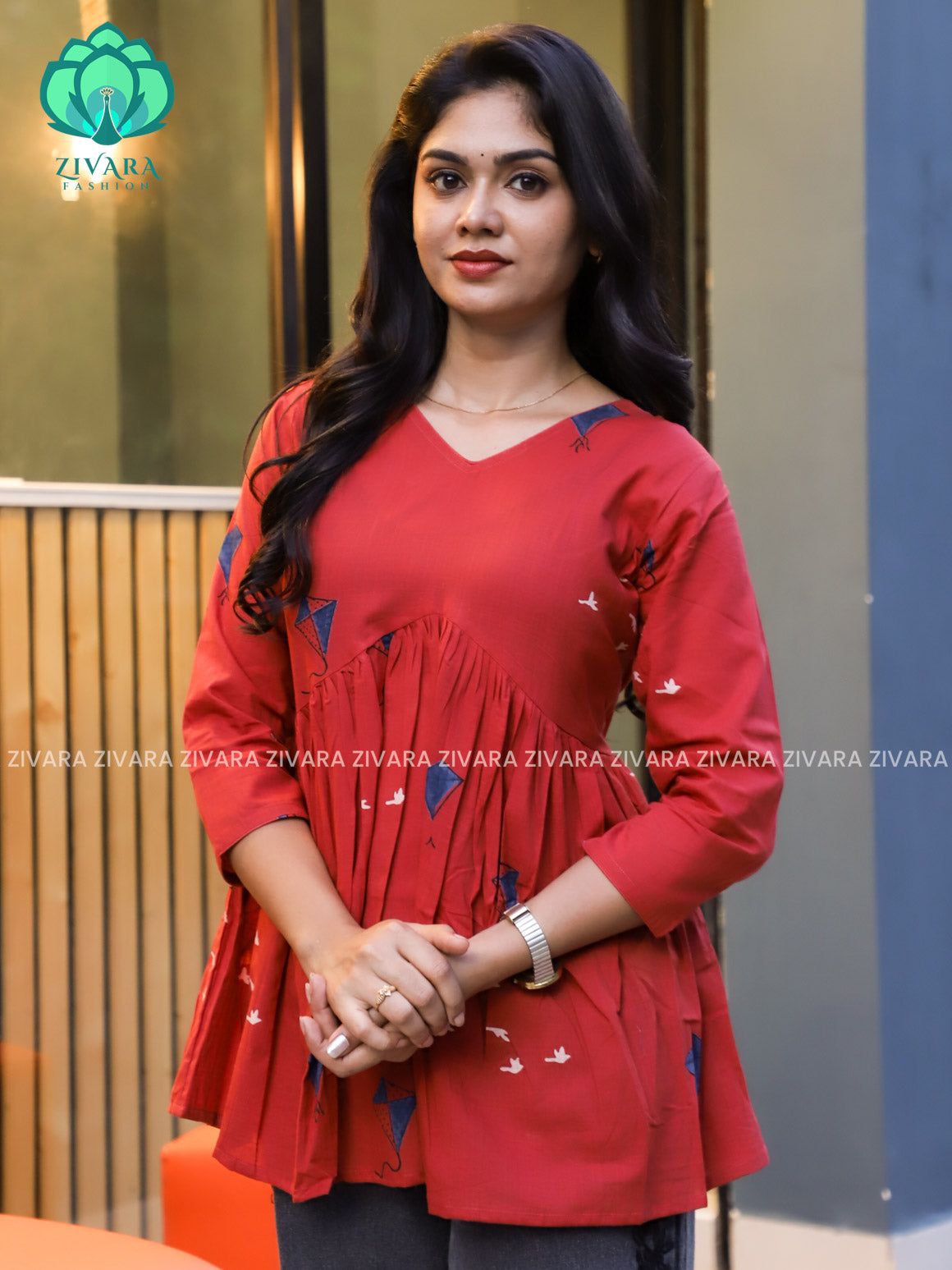 Madhu - RED  KITE PEPLUM  COMFY Woven cotton short office wear  for women- Label Zivara