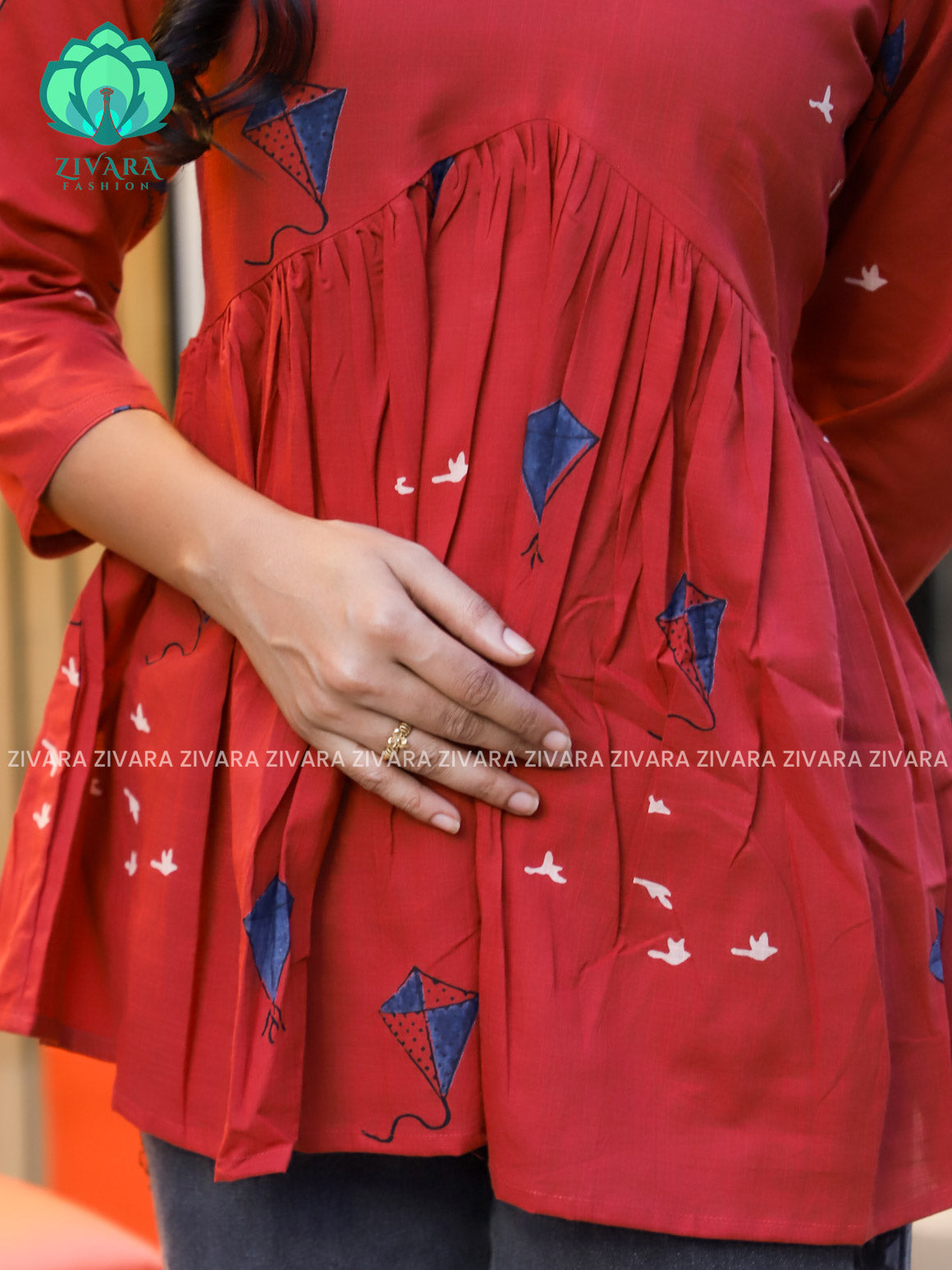 Madhu - RED  KITE PEPLUM  COMFY Woven cotton short office wear  for women- Label Zivara