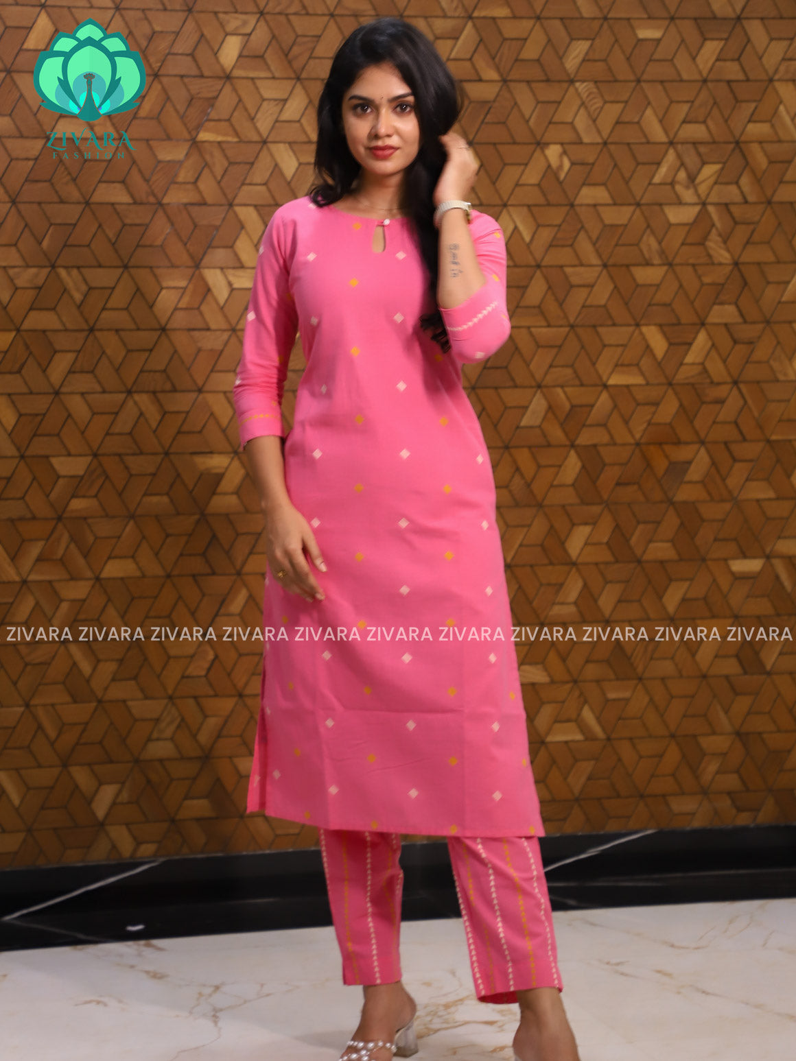 Pink - Mona- COMFY AND OFFICE WEAR pure handloom cotton pre-washed Full length straight cut coord sets for women- Label Zivara