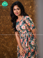 Aalia- Green floral cotton COMFY long maxi for women- Label Zivara