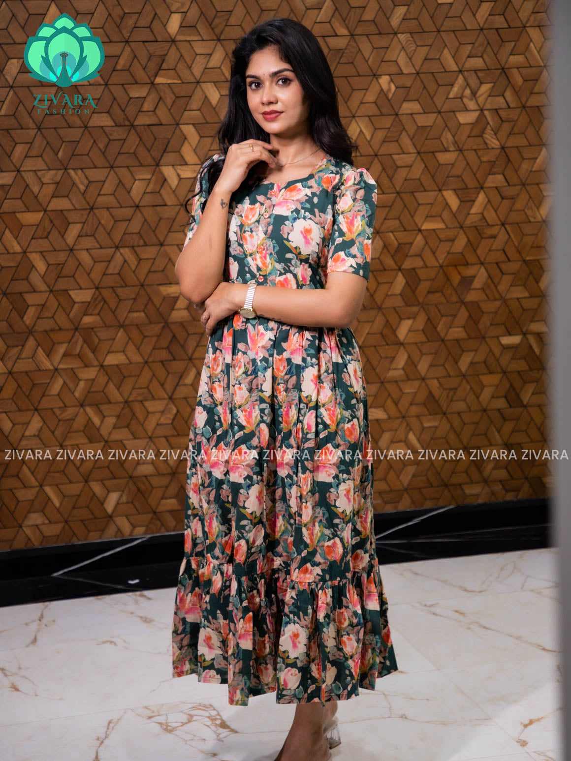 Aalia- Green floral cotton COMFY long maxi for women- Label Zivara