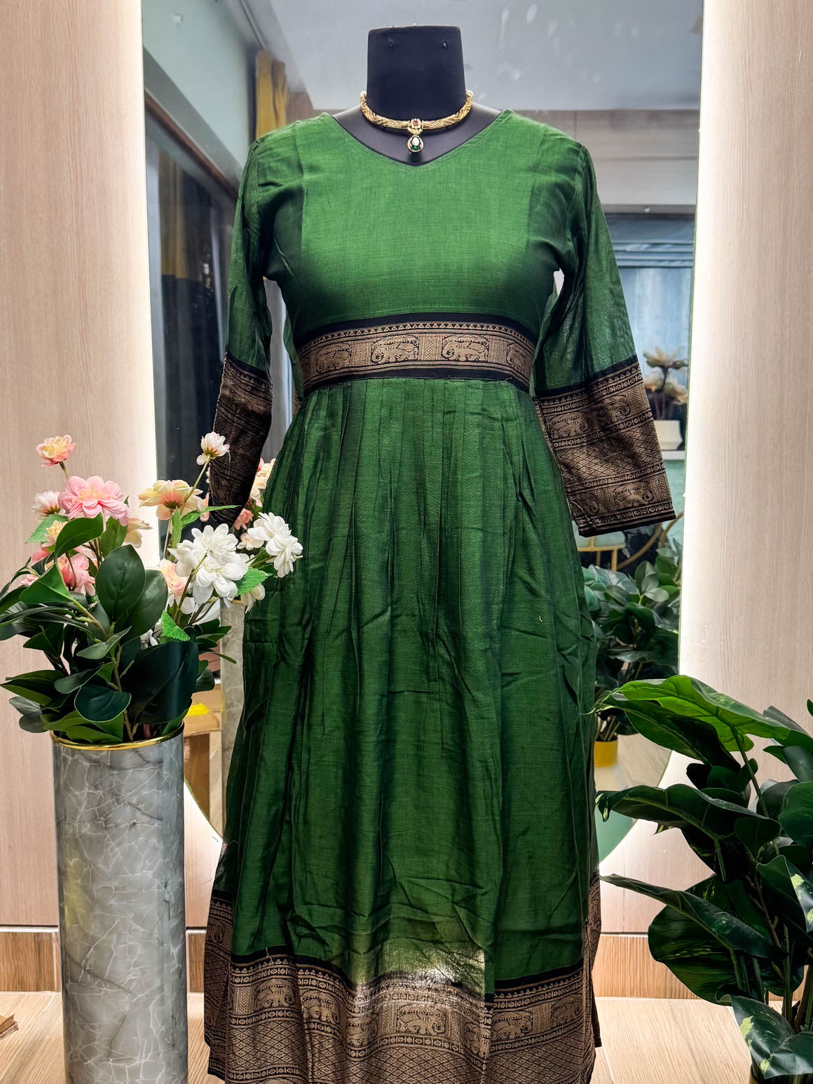 Manya -GREEN- MANAGALAGIRI COTTON - FESTIVE beautiful print long anarkali - Label Zivara