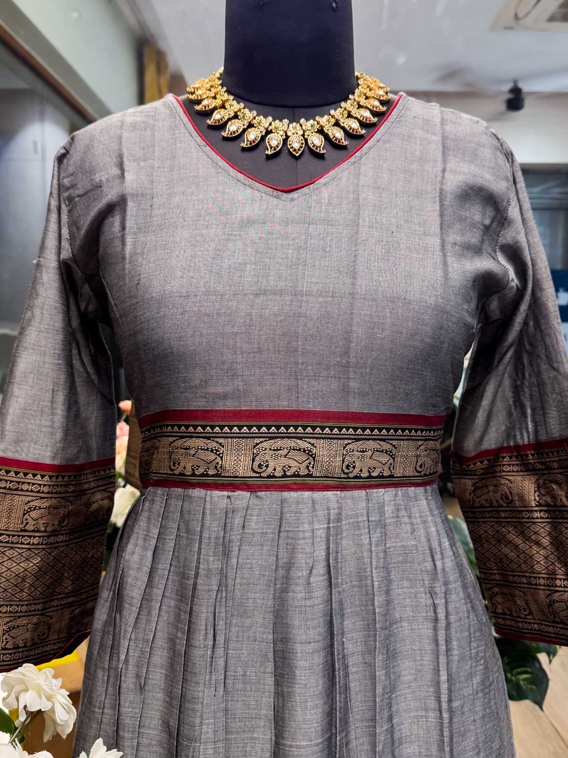 Manya -GREY- MANAGALAGIRI COTTON - FESTIVE beautiful print long anarkali - Label Zivara