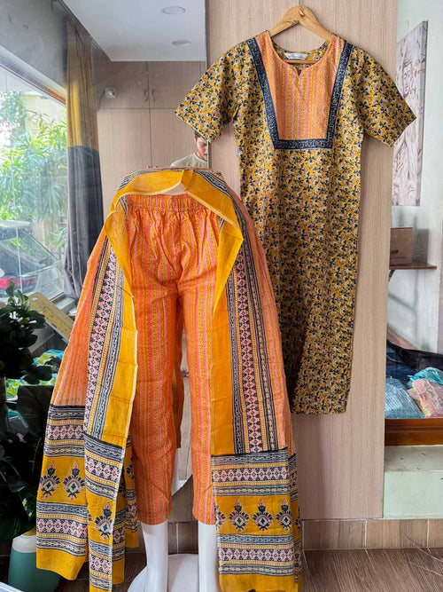 ABINAYA -  MUSTARD YELLOW WITH DARK BLUE  - OFFICE WEARS - JAIPUR COTTON - SALWAR SUIT WITH DUPATTA - LABEL ZIVARA