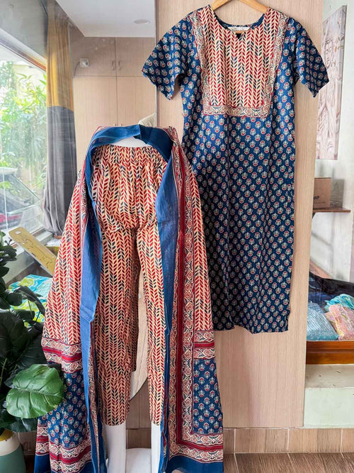 ABINAYA -  DARK BLUE WITH RED  - OFFICE WEARS - JAIPUR COTTON - SALWAR SUIT WITH DUPATTA - LABEL ZIVARA