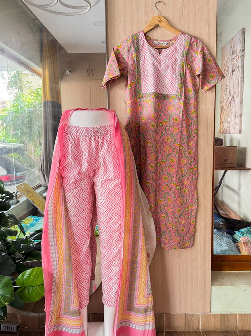 ABINAYA - PINK GREEN FLORAL  - OFFICE WEARS - JAIPUR COTTON - SALWAR SUIT WITH DUPATTA - LABEL ZIVARA