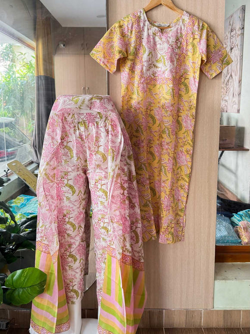ABINAYA - YELLOW PINK FLORAL  - OFFICE WEARS - JAIPUR COTTON - SALWAR SUIT WITH DUPATTA - LABEL ZIVARA