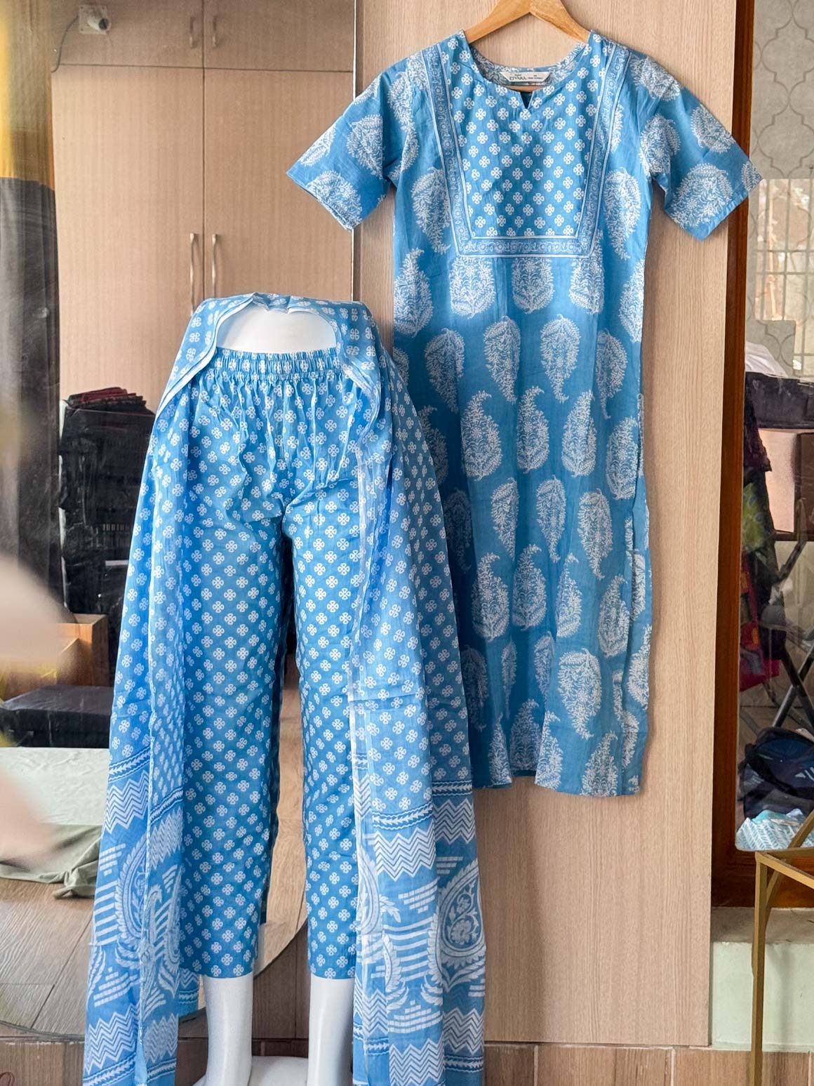 PREORDER -  ABINAYA -  GREYISH BLUE WITH WHITE  - OFFICE WEARS - JAIPUR COTTON - SALWAR SUIT WITH DUPATTA - LABEL ZIVARA