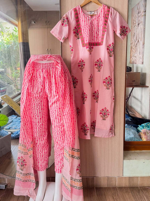 ABINAYA - YELLOW PINK FLORAL  - OFFICE WEARS - JAIPUR COTTON - SALWAR SUIT WITH DUPATTA - LABEL ZIVARA