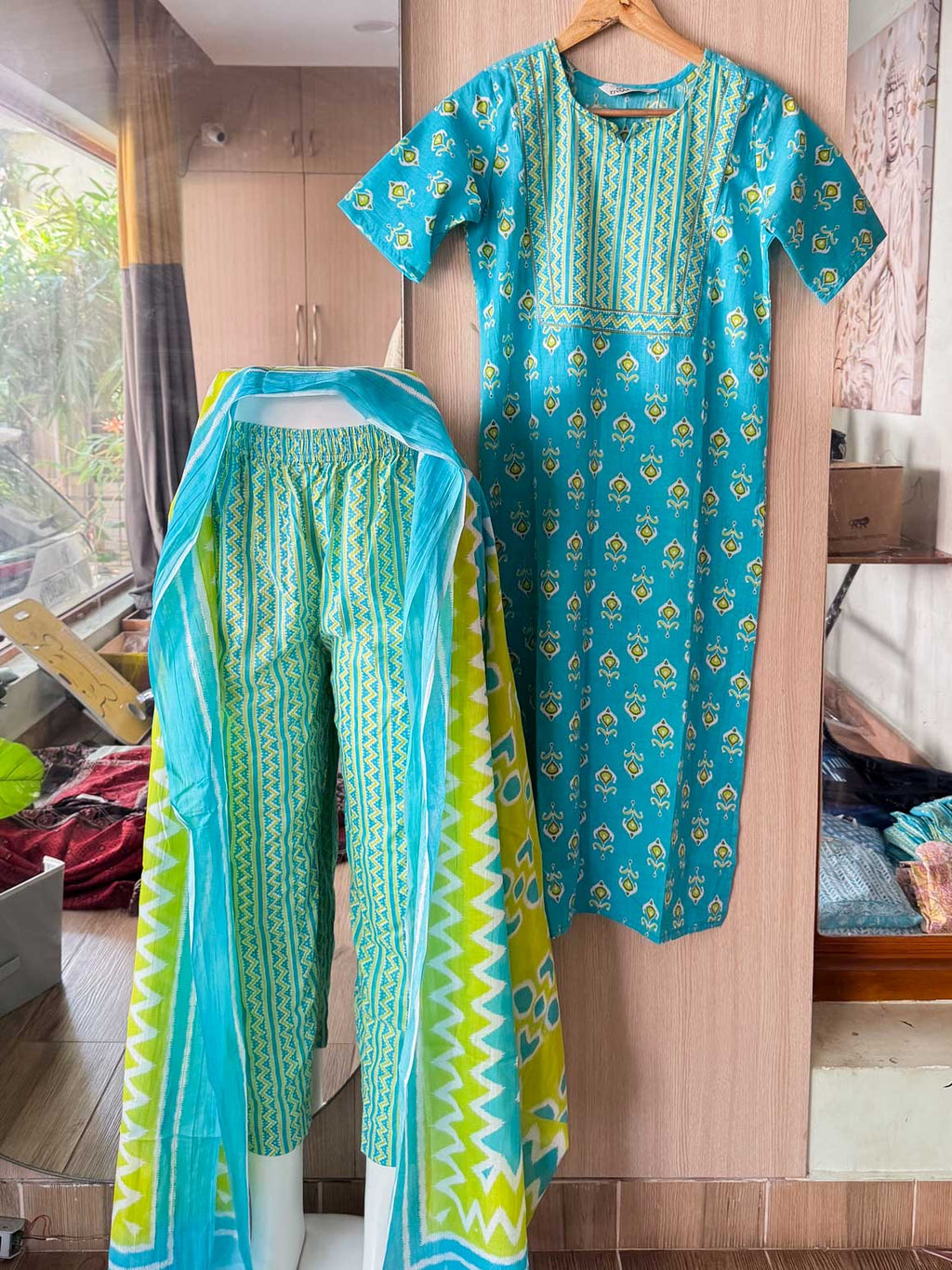ABINAYA -  SKY BLUE WITH PARROT GREEN  - OFFICE WEARS - JAIPUR COTTON - SALWAR SUIT WITH DUPATTA - LABEL ZIVARA