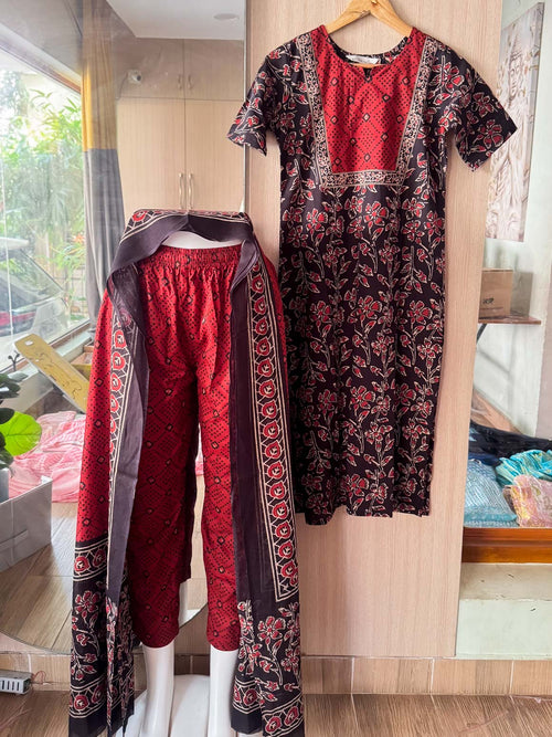 ABINAYA - BLACK AND RED - OFFICE WEARS - JAIPUR COTTON - SALWAR SUIT WITH DUPATTA - LABEL ZIVARA