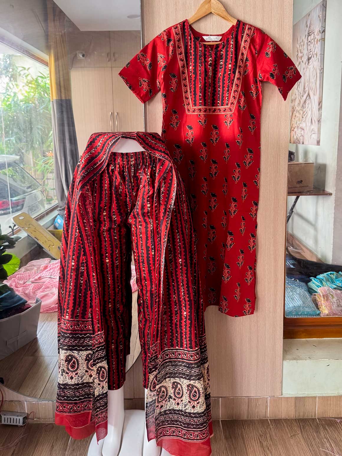 PREORDER -  ABINAYA -  RED WITH BLACK - OFFICE WEARS - JAIPUR COTTON - SALWAR SUIT WITH DUPATTA - LABEL ZIVARA