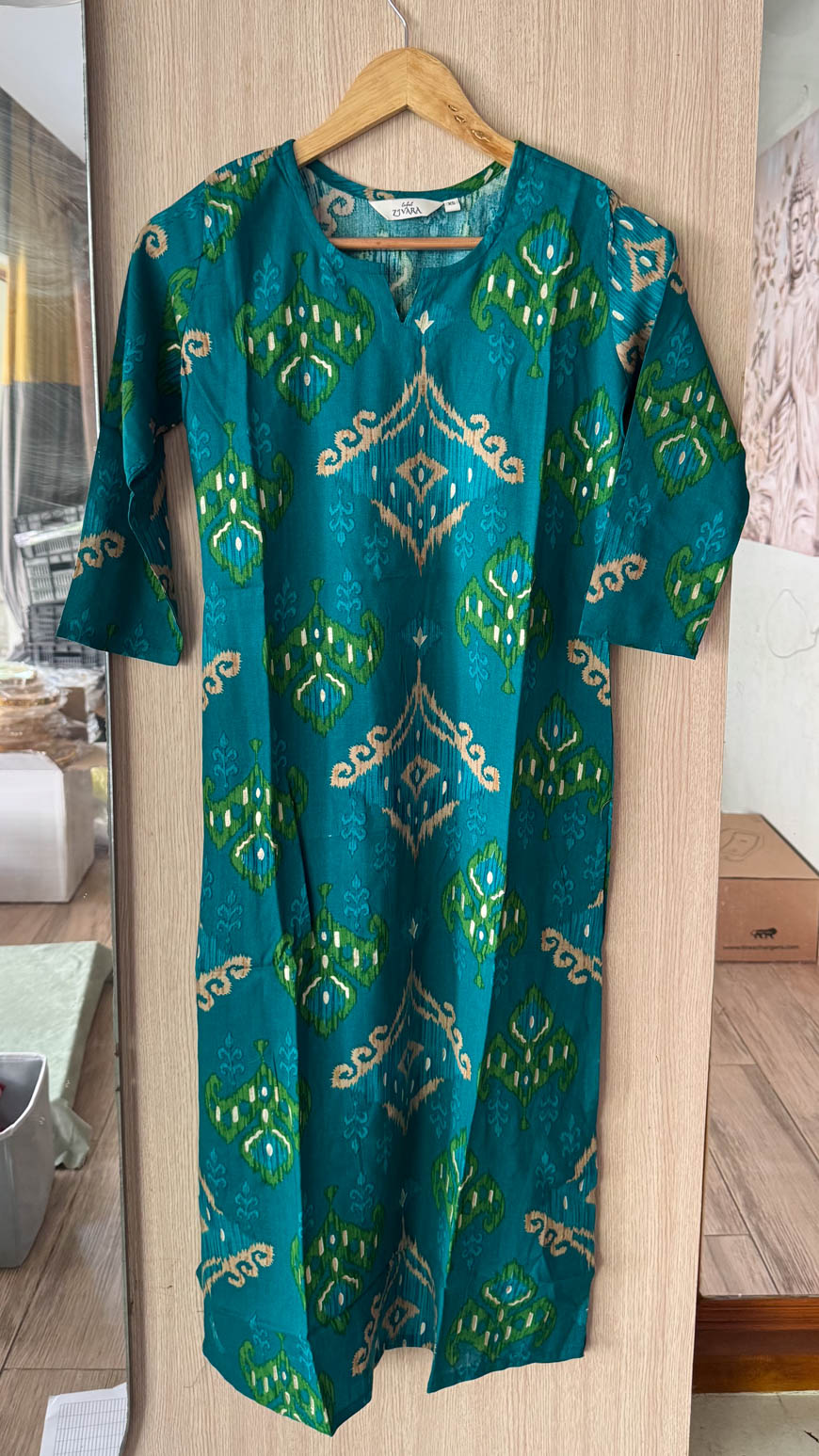 ANVI - TEAL GREEN  - Trending print VISCOSE straight cut kurti for office wear - LABEL ZIVARA