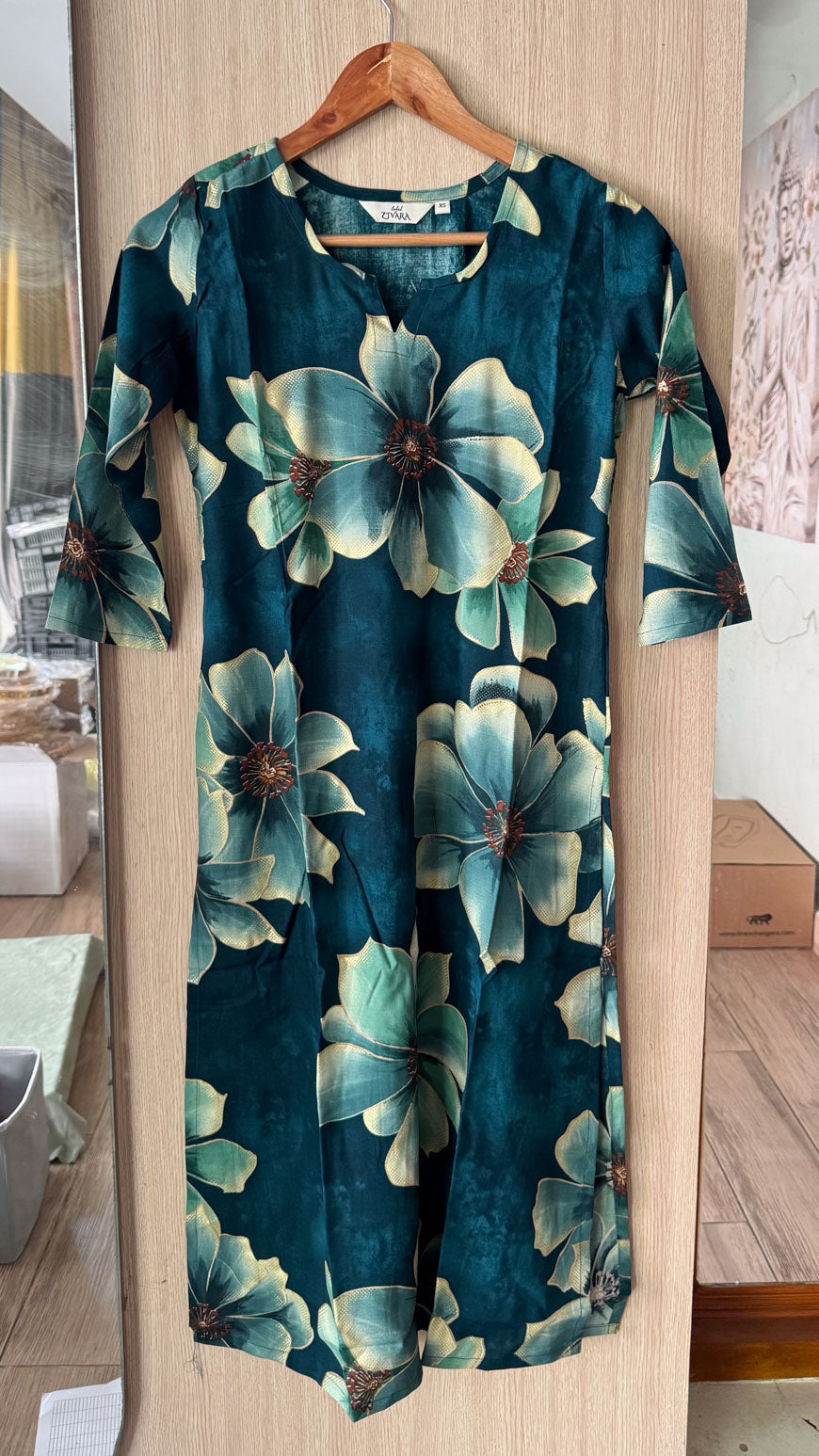 ANVI -  TEAL BLUE BLOOM FLORAL - Trending print VISCOSE straight cut kurti for office wear - LABEL ZIVARA