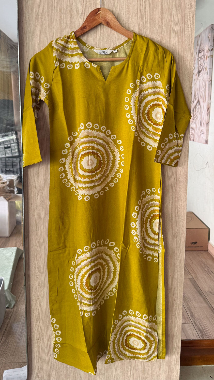 ANVI - MUSTARD GREEN  BANDHANI  - Trending print VISCOSE straight cut kurti for office wear - LABEL ZIVARA