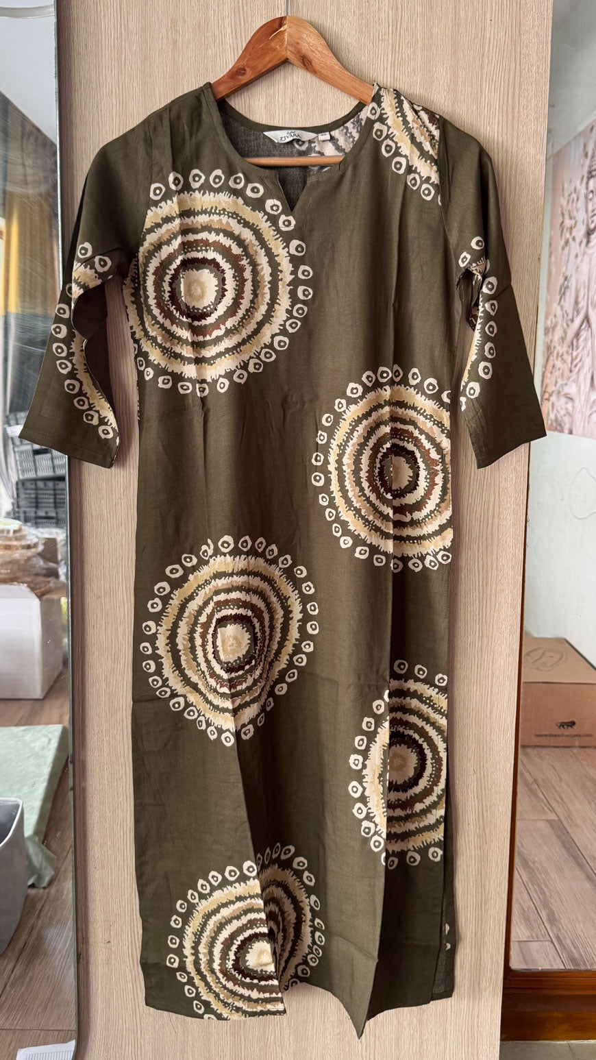 ANVI -  DARK OLIVE CIRCLE  - Trending print VISCOSE straight cut kurti for office wear - LABEL ZIVARA