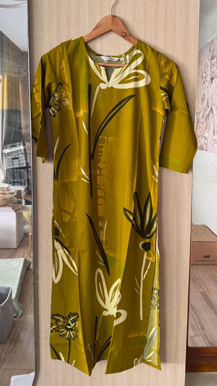 ANVI - ABSTRACT OLIVE GREEN - Trending print VISCOSE straight cut kurti for office wear - LABEL ZIVARA