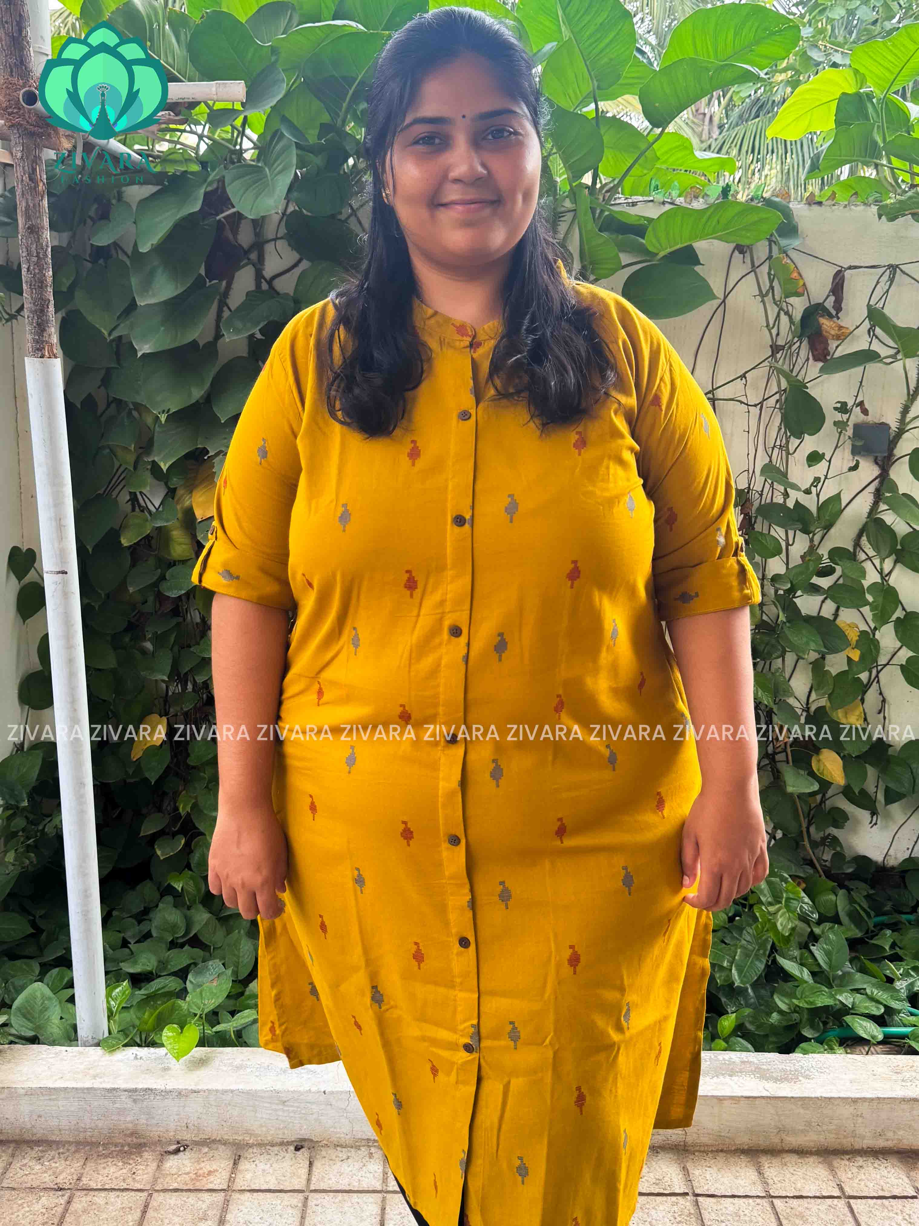 MUSTARD YELLOW - Liya - OFFICE WEAR Woven pure handloom rayon pre-washed Full length flared straight cut kurti for women- Label Zivara