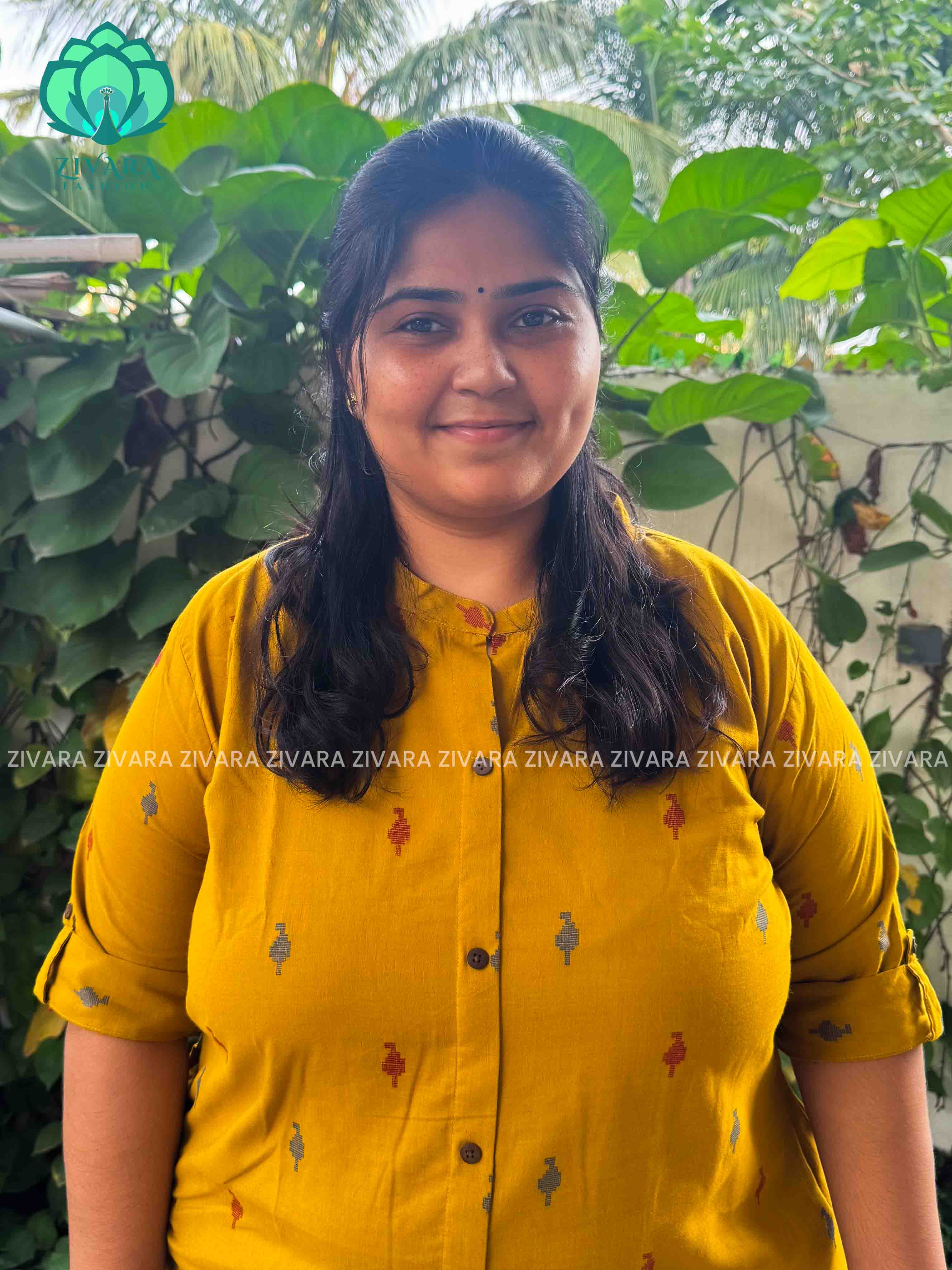 MUSTARD YELLOW - Liya - OFFICE WEAR Woven pure handloom rayon pre-washed Full length flared straight cut kurti for women- Label Zivara