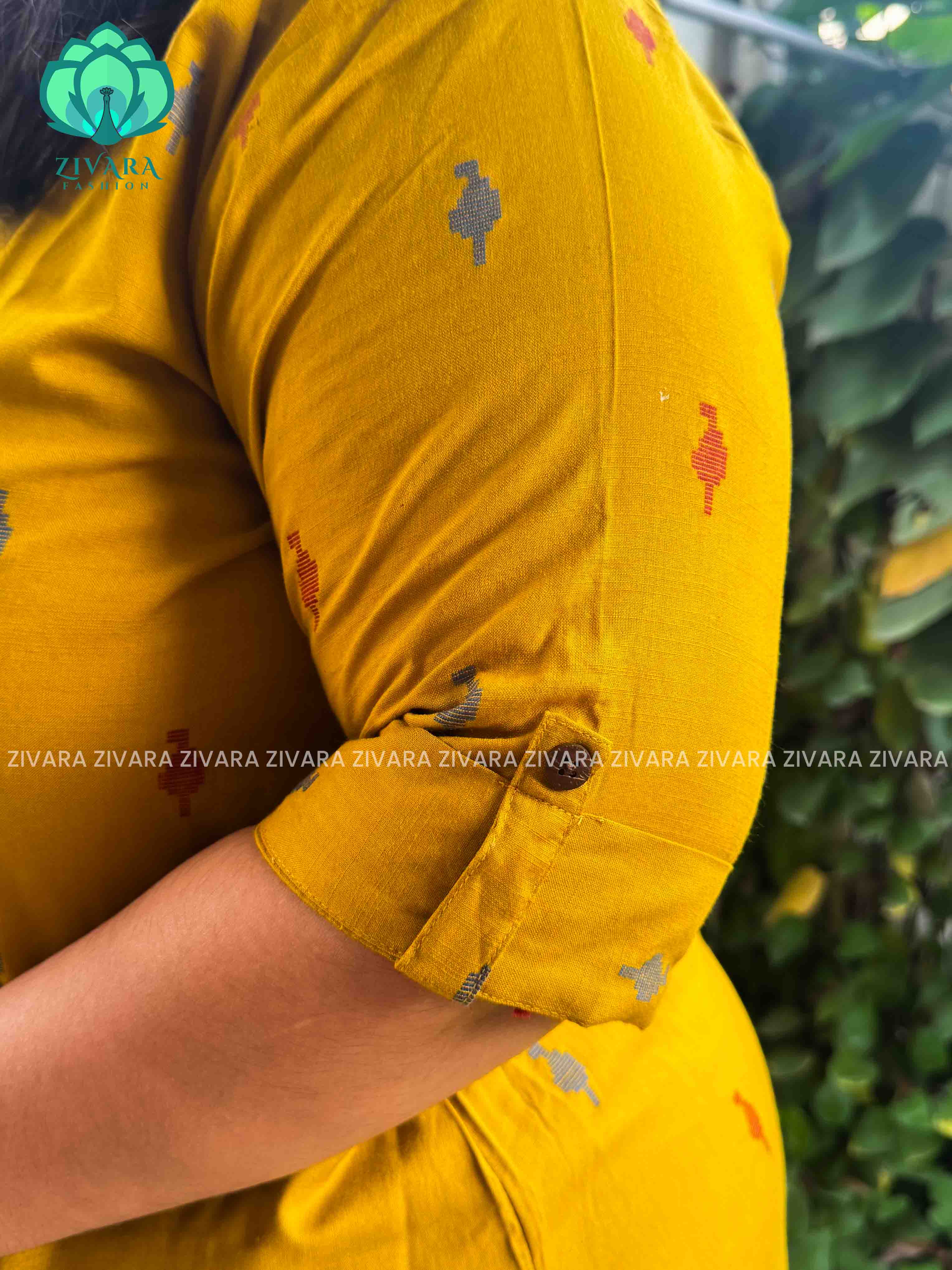 MUSTARD YELLOW - Liya - OFFICE WEAR Woven pure handloom rayon pre-washed Full length flared straight cut kurti for women- Label Zivara