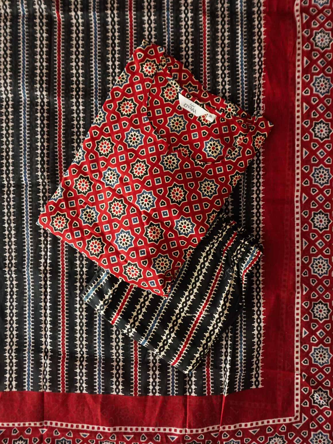 THENDRAL  - Red and black ajrakh print - OFFICE WEARS- JAIPUR COTTON- SALWAR SUIT WITH DUPATTA - LABEL ZIVARA