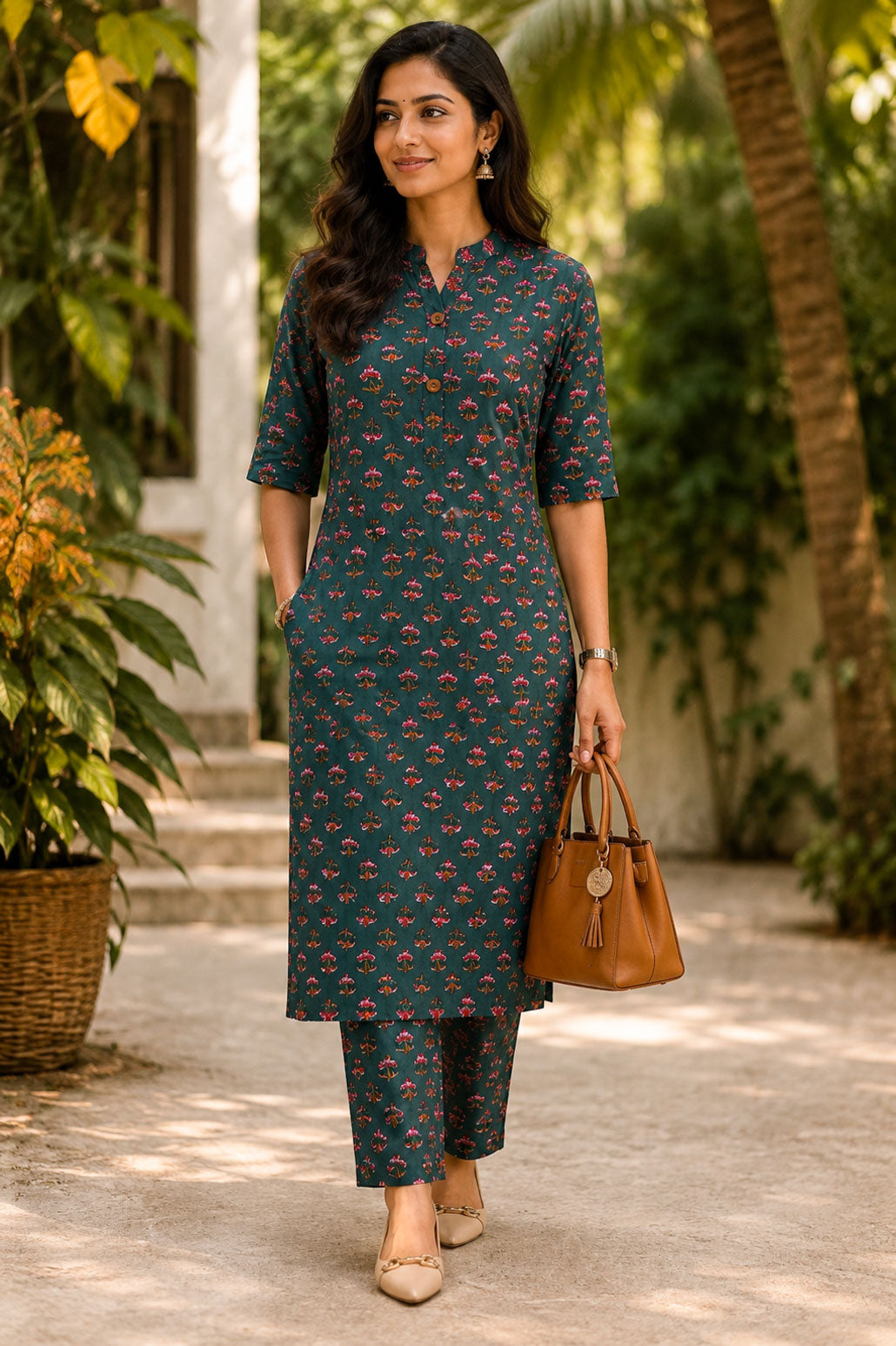 Tanvi-Green  floral - Colourful cotton everyday COMFY wear and office wear coord sets for women- Label Zivara