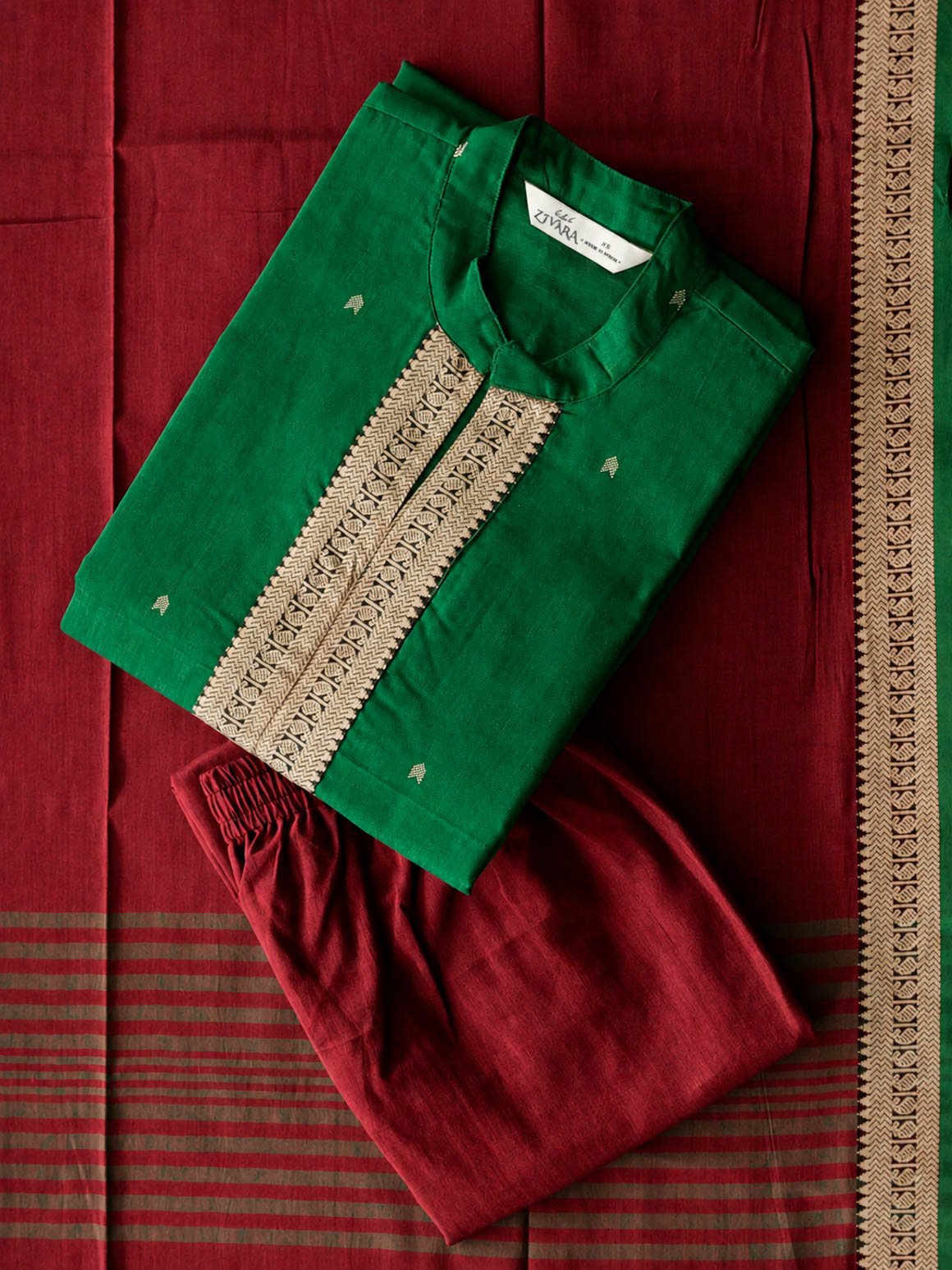 PREORDER - Punya - Green and Red mangalagiri OFFICE WEARS- HANDLOOM COTTON- SALWAR SUIT WITH DUPATTA - LABEL ZIVARA