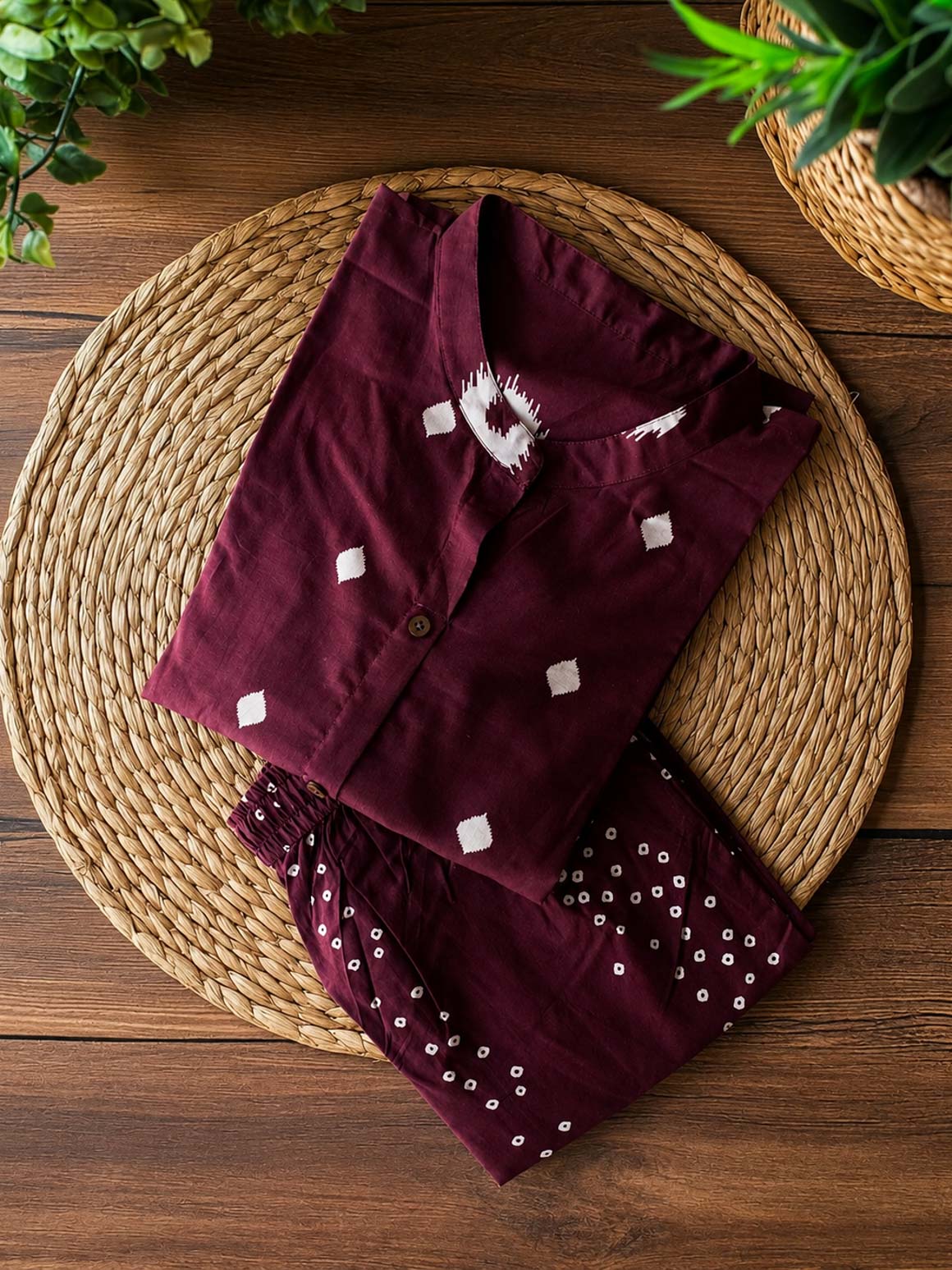 Tanvi - Wine red - Colourful cotton everyday comfy wear and collar neck office wear coord sets for women- Label Zivara