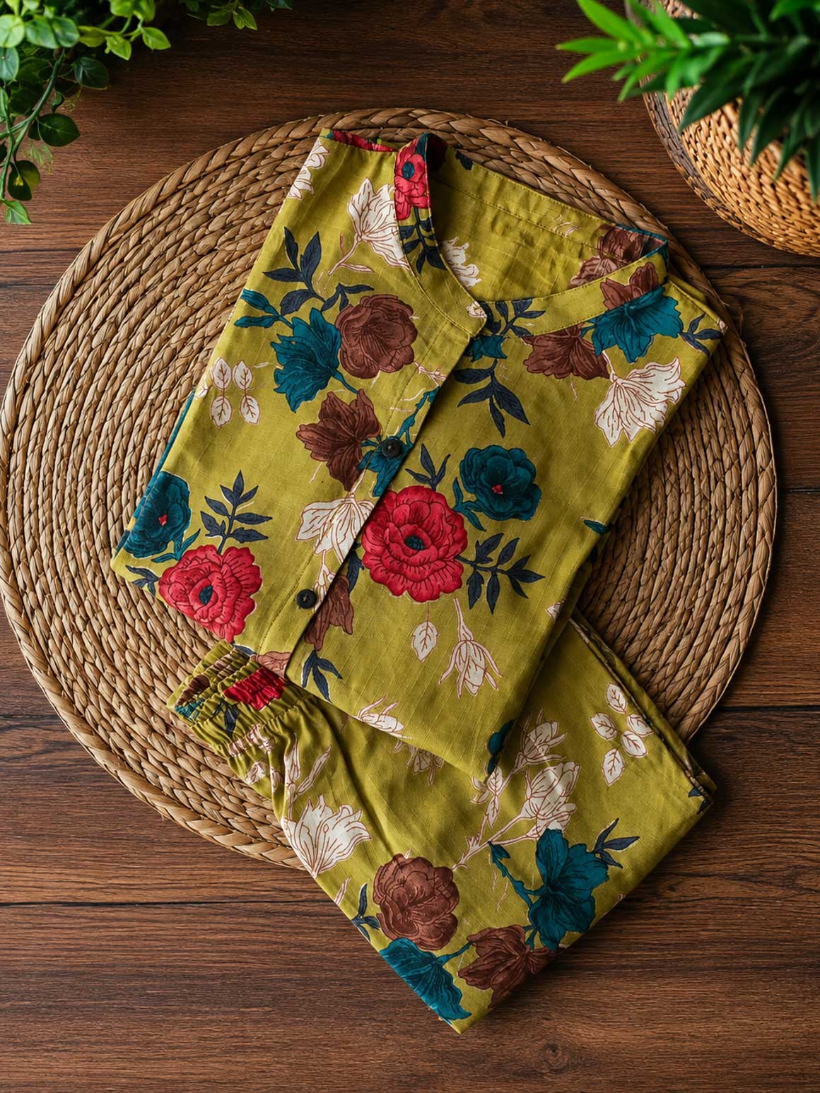 Tanvi - Leaf Green floral - Colourful rayon everyday comfy wear and collar neck office wear coord sets for women- Label Zivara