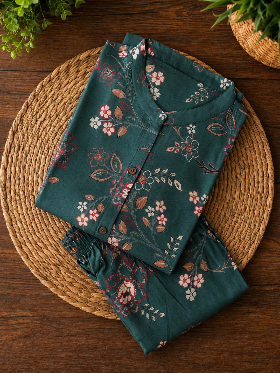 Tanvi - Greenish blue floral - Colourful rayon everyday comfy wear and collar neck office wear coord sets for women- Label Zivara