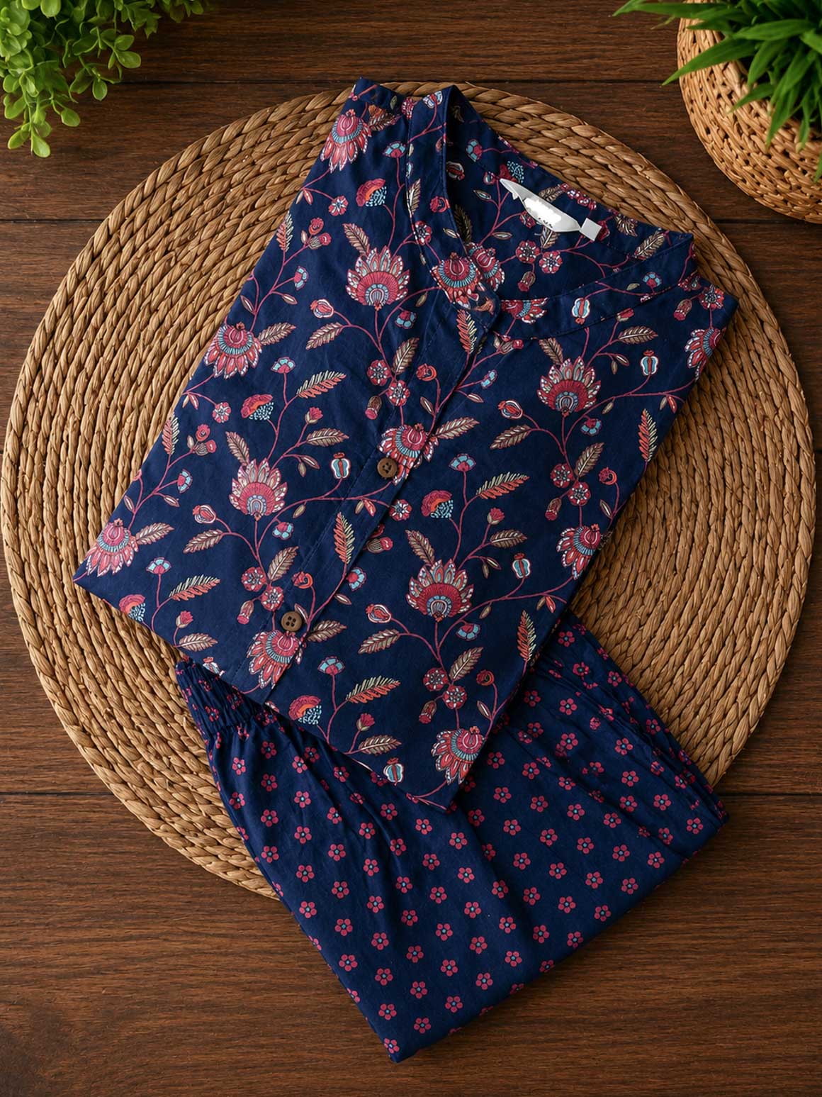 Tanvi - Dark blue floral - Colourful cotton everyday comfy wear and collar neck office wear coord sets for women- Label Zivara