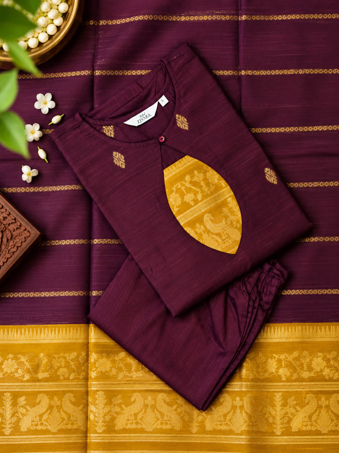 KOKILAM - DARK MAROON AND YELLOW SOFT SILK - SALWAR SUIT WITH DUPATTA - LABEL ZIVARA
