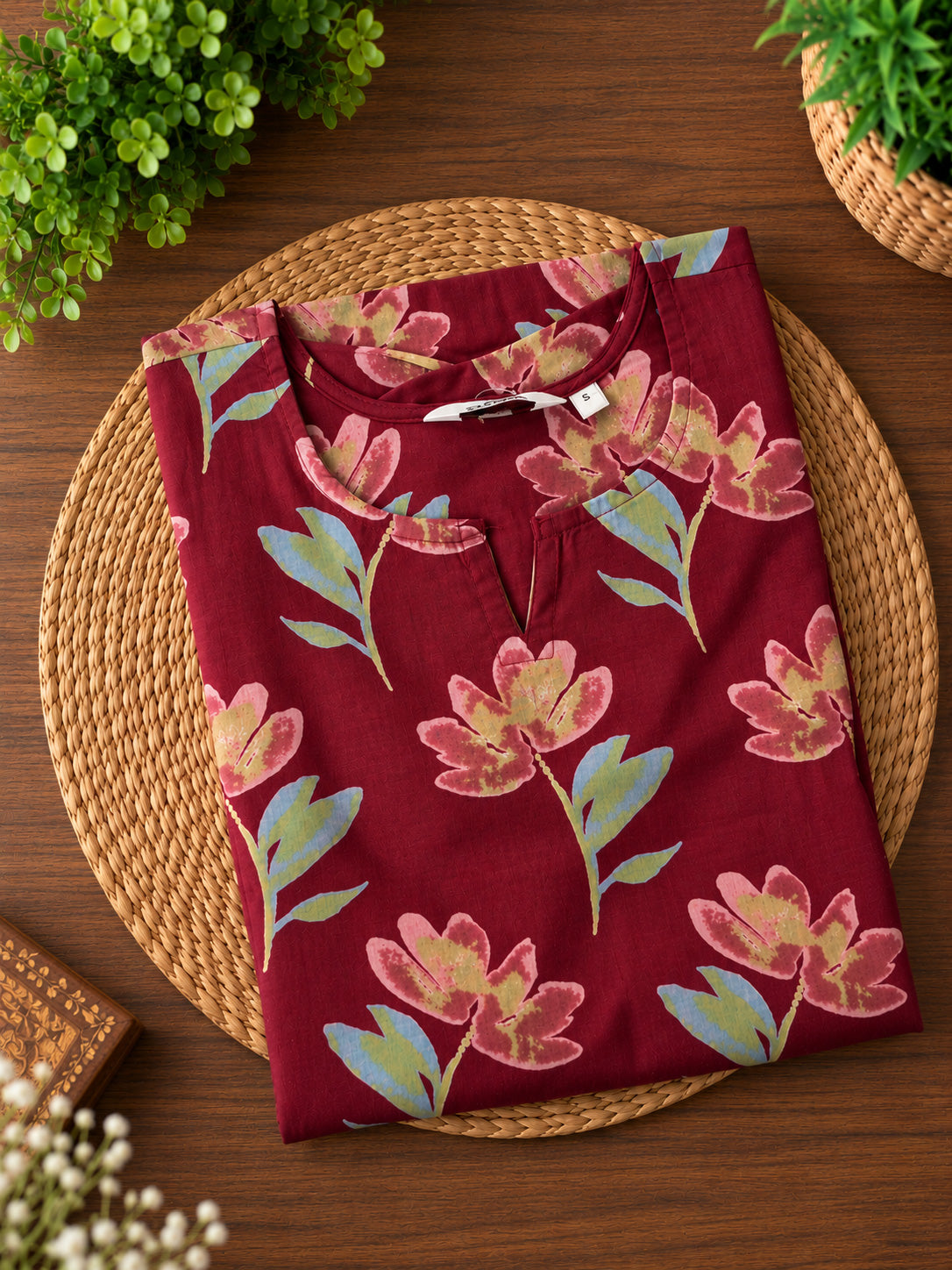 Mira - Red floral - Trending printed cotton straight cut kurti for office wear - LABEL ZIVARA