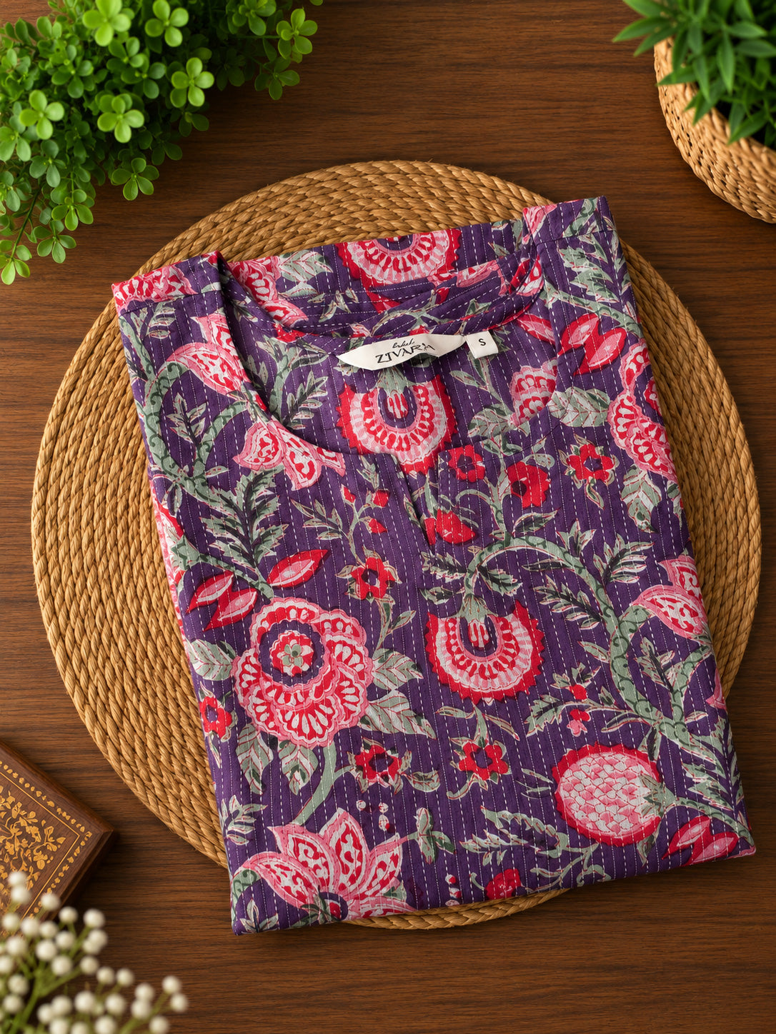 Mira - Purple kantha print -Trending printed cotton straight cut kurti for office wear - LABEL ZIVARA