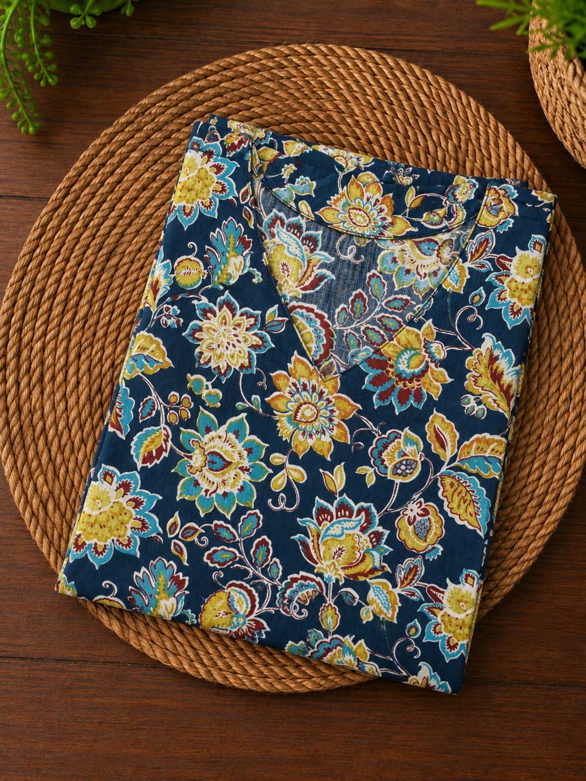 Sanjana - Blue floral   -Trending print cotton straight cut kurti for office wear - LABEL ZIVARA