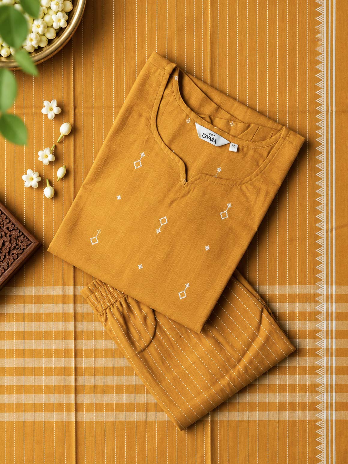 JANAKI - MUSTARD YELLOW -HANDLOOM COTTON  SALWAR SUIT WITH DUPATTA - LABEL ZIVARA