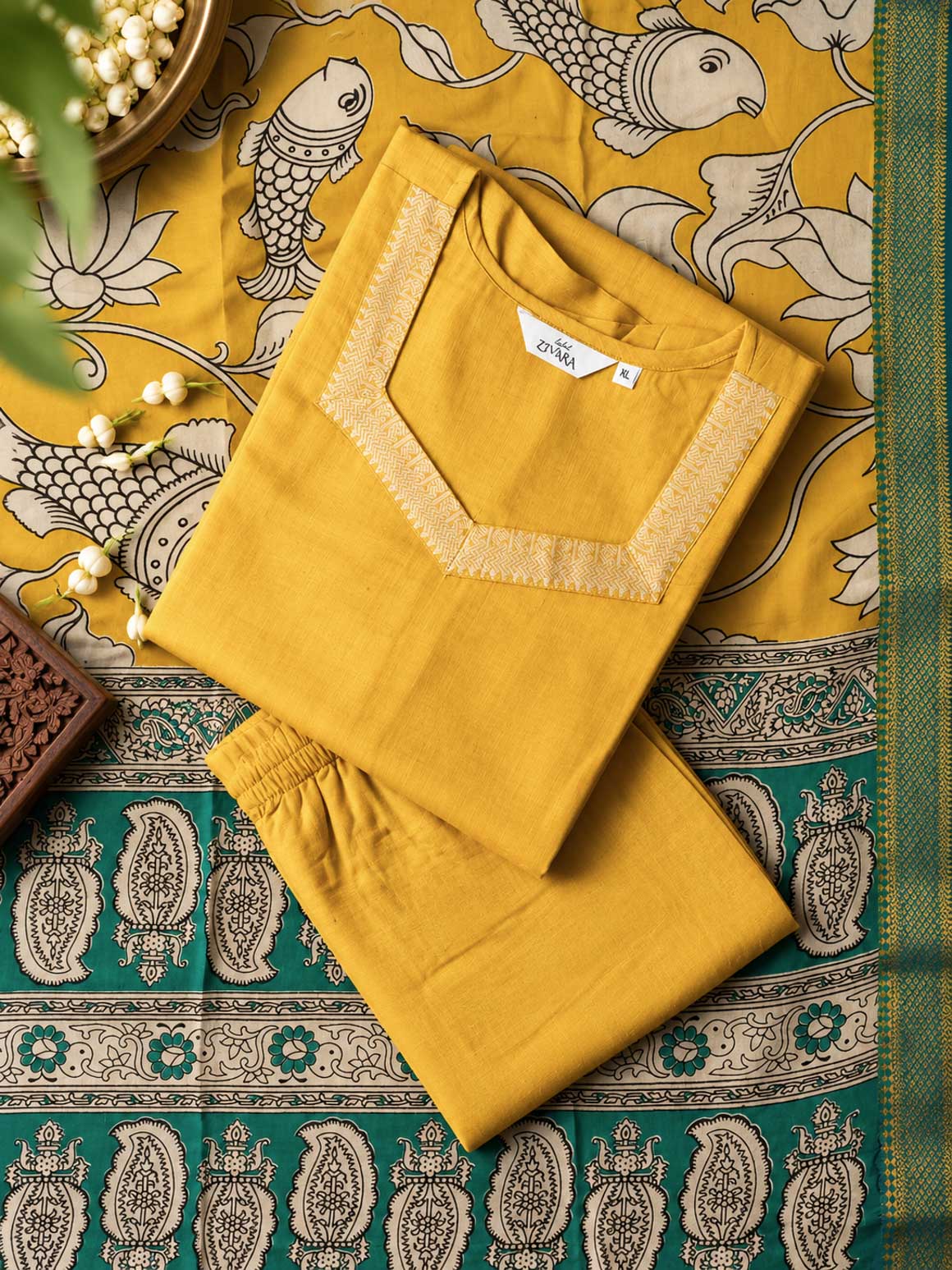 BHAVYA - YELLOW KALAMKARI- COTTON - SALWAR SUIT WITH DUPATTA - LABEL ZIVARA
