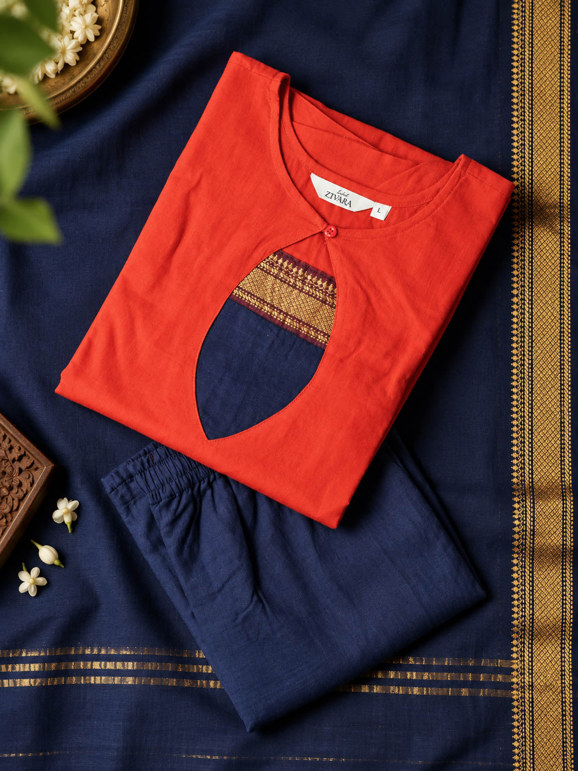 MITHRA - RUST ORANGE AND BLUE - OFFICE WEARS - HANDLOOM COTTON- SALWAR SUIT WITH DUPATTA - LABEL ZIVARA